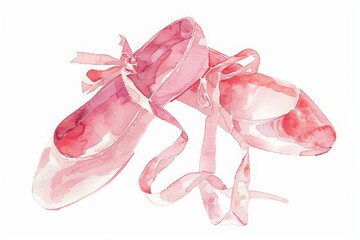 A pair of pink ballet flats with ribbons painted in watercolor.