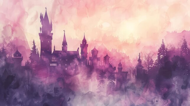 A mystical castle shrouded in a purple fog. The sky is setting in hues of pink and orange. The castle is surrounded by dark trees.