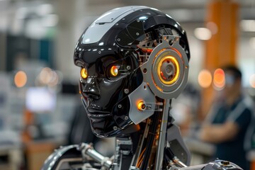 Fototapeta premium A robot with a black face and orange ears stands in front of a man in a blue shirt