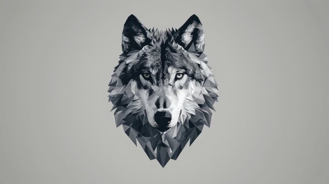 A wild wolf face depicted in a low poly triangular and wireframe vector illustration, isolated on a grey background. The polygonal style design is trendy and suitable for modern logos.