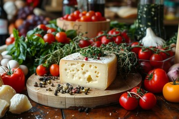 A cheese wedge sits on a wooden cutting board with a variety of fruits and vegetables, including tomatoes, peppers, and herbs - obrazy, fototapety, plakaty