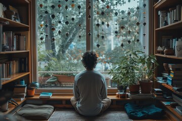 A person is sitting in a window with a view of the city. The room is filled with books and plants