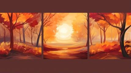 An enchanting triptych of a serene forest path surrounded by golden autumn foliage under a soft sunset