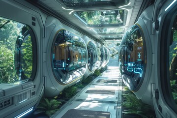 A futuristic space station with a tunnel of glass and plants. The tunnel is filled with green plants and the walls are made of glass. The tunnel is illuminated by a bright light