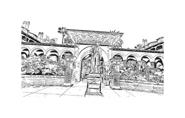 Print Building view with landmark of St Augustine is the city in USA. Hand drawn sketch illustration in vector.