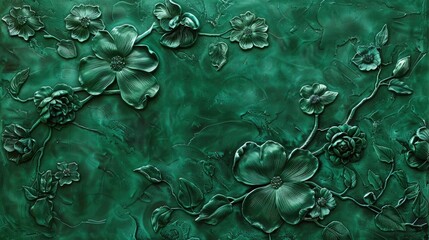 A deep emerald green surface featuring intricate floral motifs.