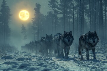 A pack of wolves moving silently through a snowy forest under the moonlight, a scene of untamed wilderness,Gray wolf isolated on white background Gray wolf,Canis lupus, wolf standing in the snow