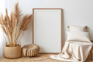 vertical frame mockup is beautifully presented on the wooden floor of the living room, accompanied by dry pampas grass, woven basket, a pillow with tassels against the white wall
