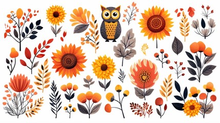 A diverse array of autumnal plants and flowers with a central owl figure creates a harmonious and vibrant pattern