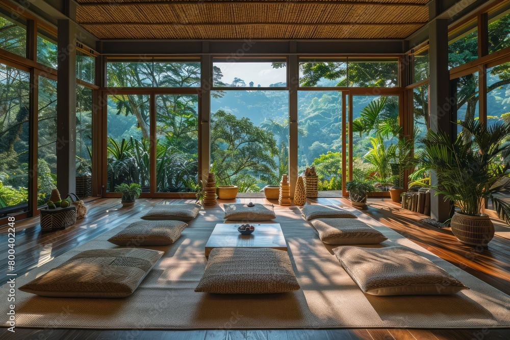 Poster a room with a view of the mountains and a lot of plants. there are many pillows on the floor and a t