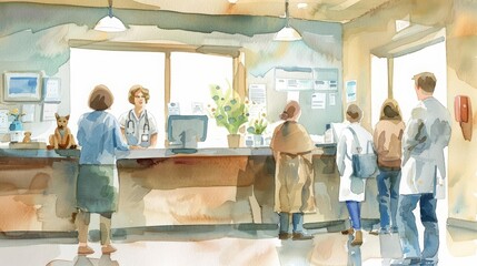A watercolor painting of a busy veterinary clinic