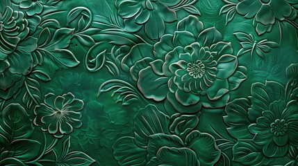 A deep emerald green surface featuring intricate floral motifs.