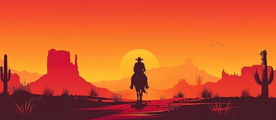 Silhouette of a cowboy on horseback against a desert landscape with cacti and a sunset