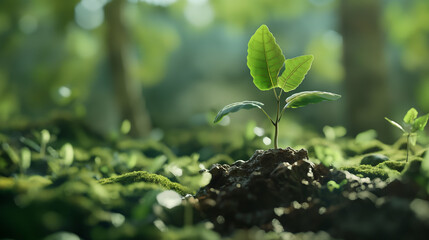 Obraz premium New Growth - Sapling in Sunlit Forest. Generative AI