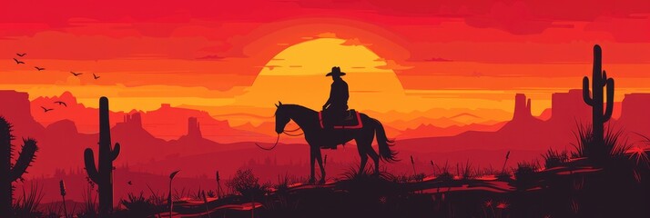 Silhouette of a cowboy on horseback against a desert landscape with cacti and a sunset