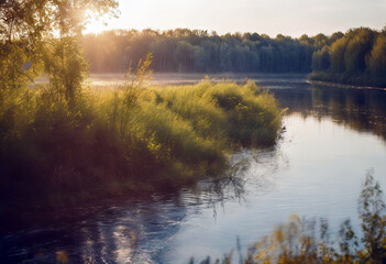 Fototapeta premium 'yellow beautiful hour section land river blue ?l?skie Poland The River Voivodeship green photographed Odra golden color shades Water Sky Summer Nature Tree Landscape Forest Cloud Green Blue Park'