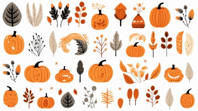 Stylishly designed fall pattern with a mix of pumpkins, leaves, and berries in a modern and artistic take on autumn elements