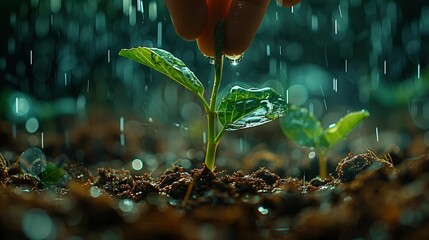 Sowing the Seeds of Justice: Hand planting seedling in fertile soil under rain, generative ai