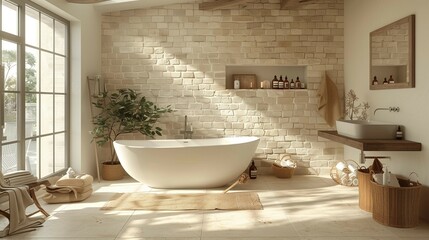 Fototapeta na wymiar Tranquil Spa Bathroom with Freestanding Bathtub, generative ai