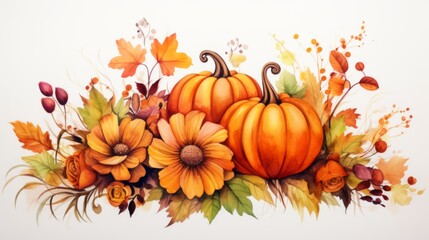 A warm, inviting piece featuring pumpkins and roses among fall leaves, capturing the coexistence of summer's end and autumn's beginning