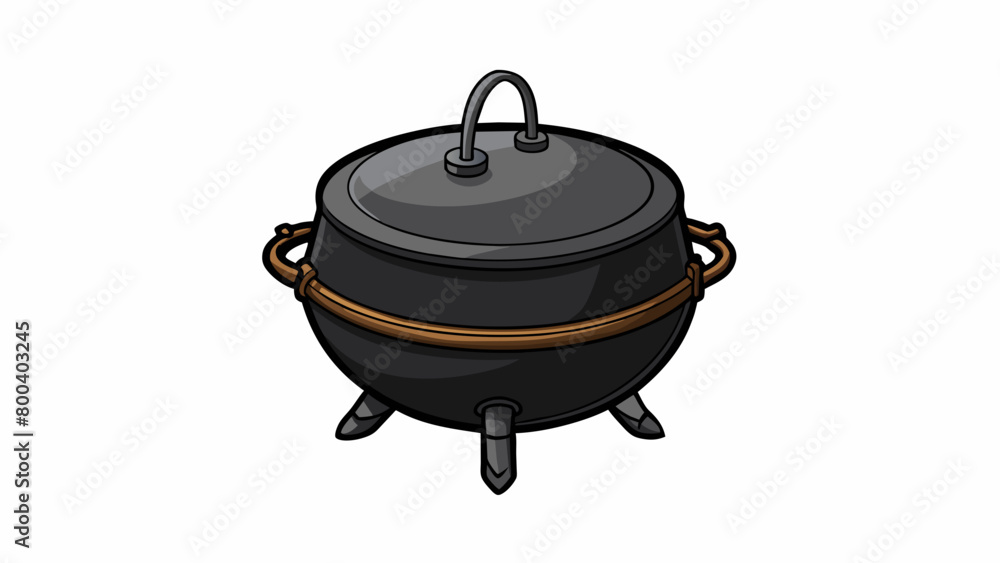 Poster a black heavy metal pot with a lid that fits snugly on top. the pot is round and deep resembling a s
