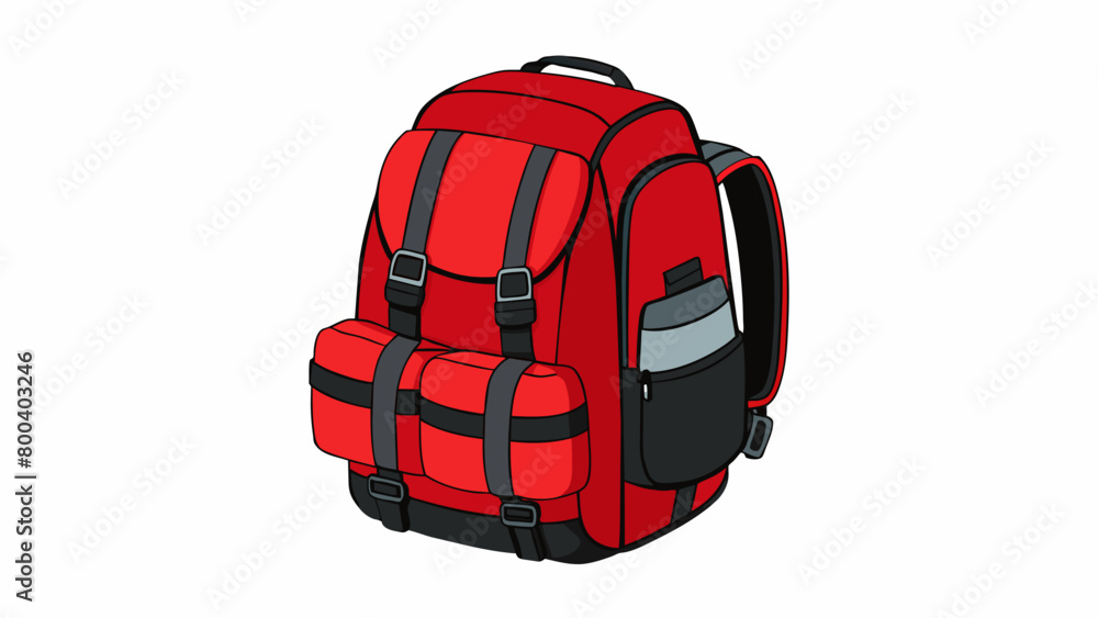 Poster a black and red backpack with multiple compartments including a padded laptop sleeve and side pocket
