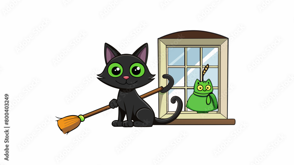 Poster a black cat with piercing green eyes perched on a windowsill next to a broomstick its tail flicking 