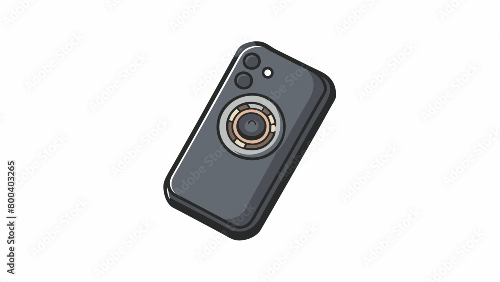 Poster A black rubberized phone case with a small circular camera lens and a silver logo resting above it. The case also has a few buttons on the sides. Cartoon Vector.