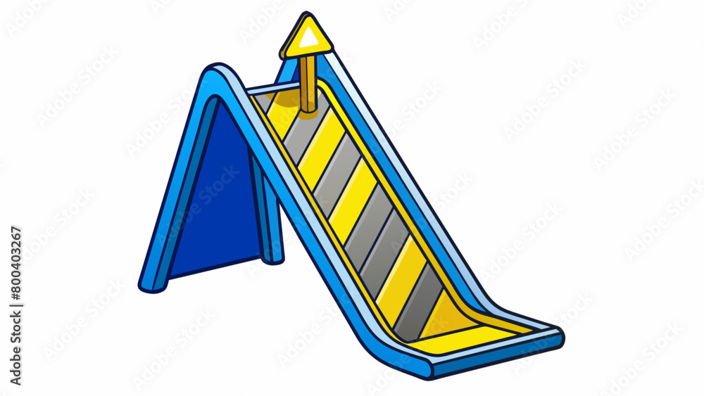 Poster a blue and yellow plastic slide with a tall steep drop for thrill seekers to slide down at high spee