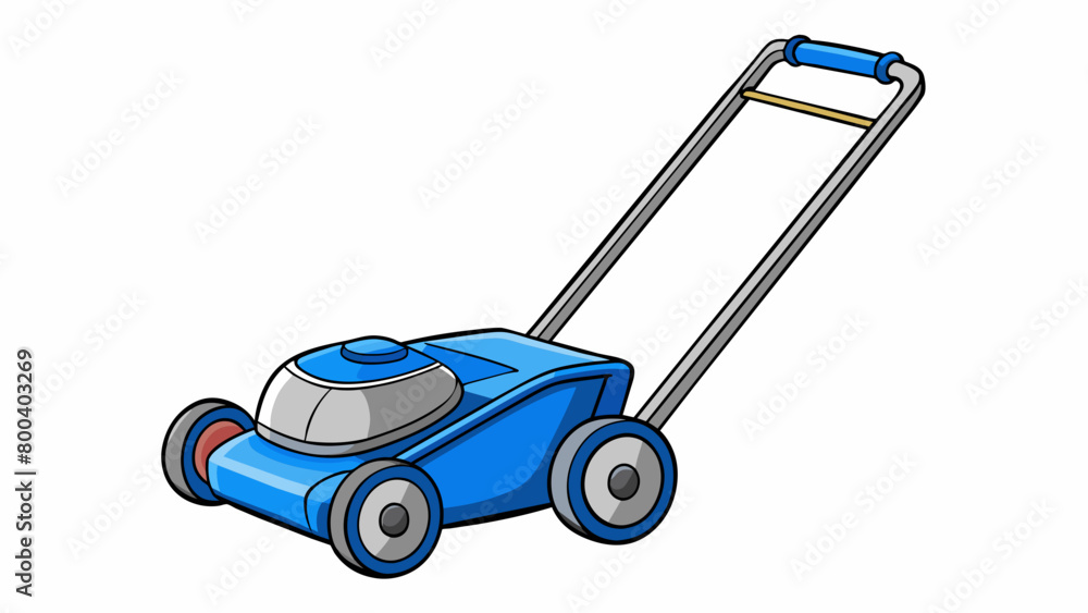 Poster a blue and silver play lawn mower that looks just like the one dad uses in the yard. it features a s