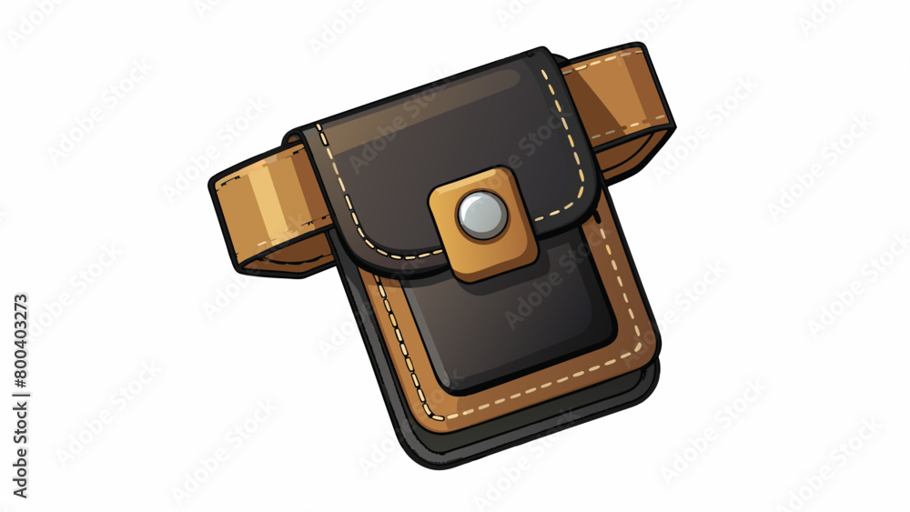 Poster a black leather phone holster with a magnetic flap closure. it is designed to be worn on the belt wi