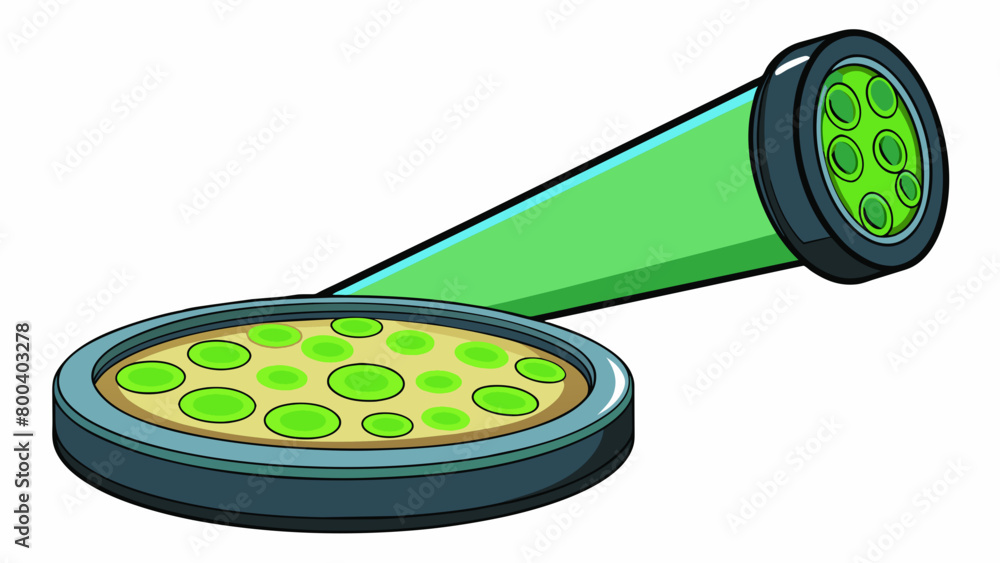 Poster a black circular base with a long thin tube attached ending in a large lens. the base is illuminated