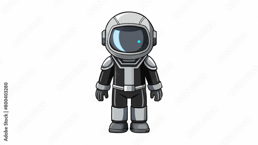 Poster a black and silver jumpsuit with builtin boots and gloves. the helmet is metallic silver with a tint