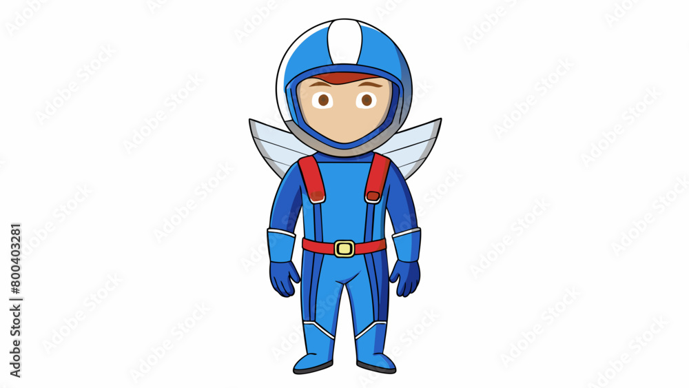 Poster a blue and white jumpsuit with an attached jetpack and wings on the back. the helmet is shaped like 