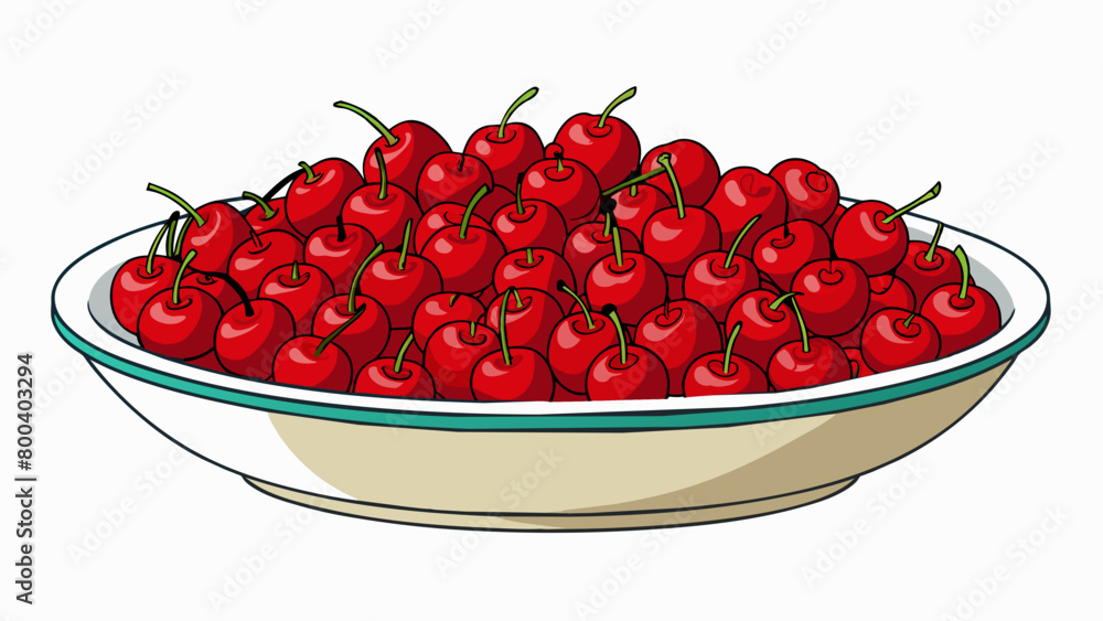 Poster A bowl filled with deep red plump cherries each one perfectly round and arranged in neat rows.  on white background . Cartoon Vector.
