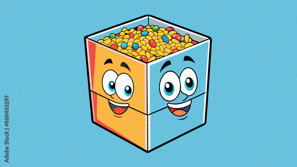 Poster A box with a cartoon character on it featuring a picture of a bright bowl filled with flakes of different colors. The flakes are thin and crispy with. Cartoon Vector.