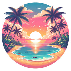 Summer background with sunset and palm trees illustration