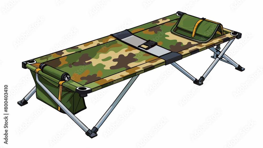 Poster a camouflage patterned camping cot with a steel frame and a polyester fabric cover. the cot comes wi