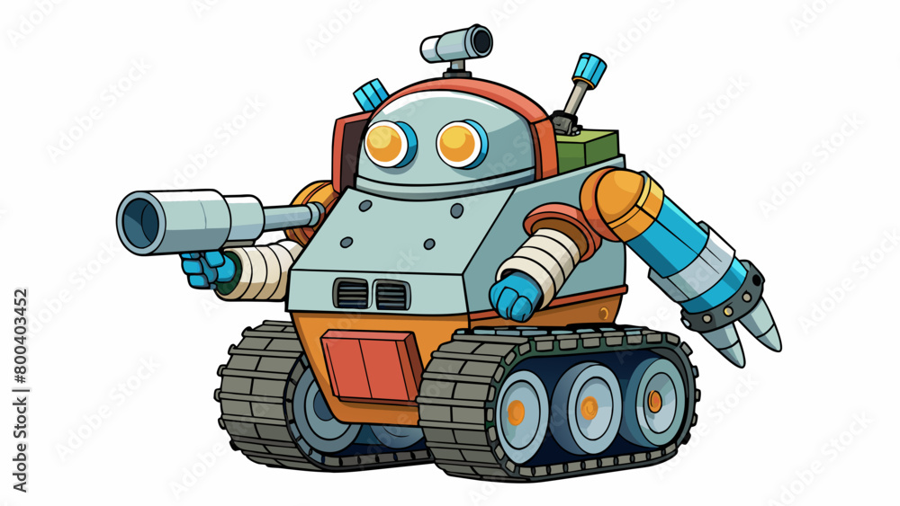 Poster A bulky tanklike robot designed for outer space exploration. It has multiple arms and attachments such as a giant drill and a laser gun and is. Cartoon Vector.
