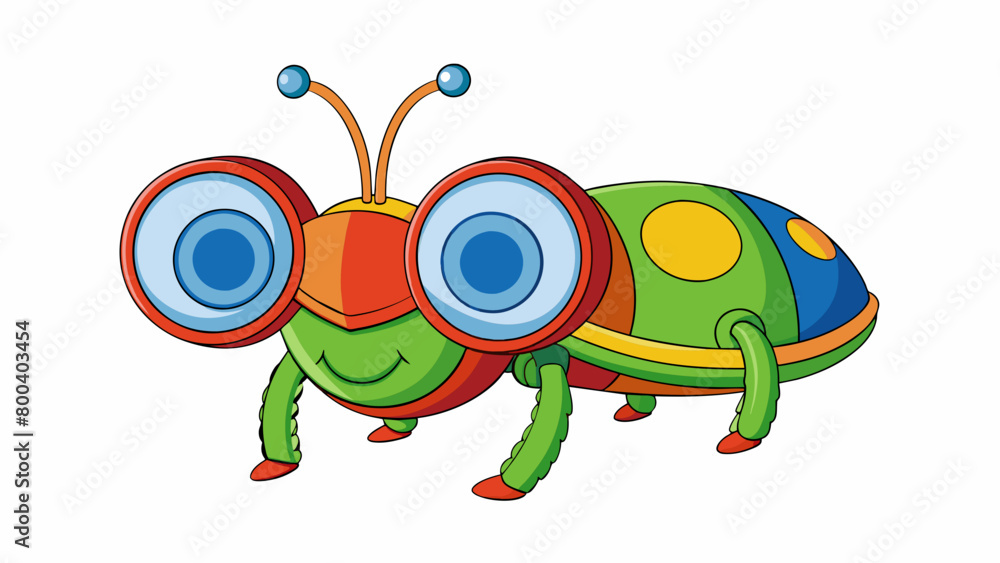 Poster A childs toy shaped like a colorful bug with two large round plastic lenses for eyes. When looked through objects appear enlarged and distorted. Cartoon Vector.
