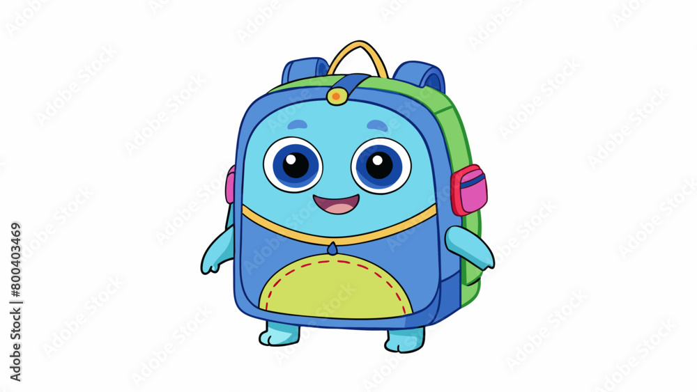 Poster A childsized backpack in the shape of a cartoon character complete with colorful prints and a detachable lunchbox attached to the front. It is made of. Cartoon Vector.