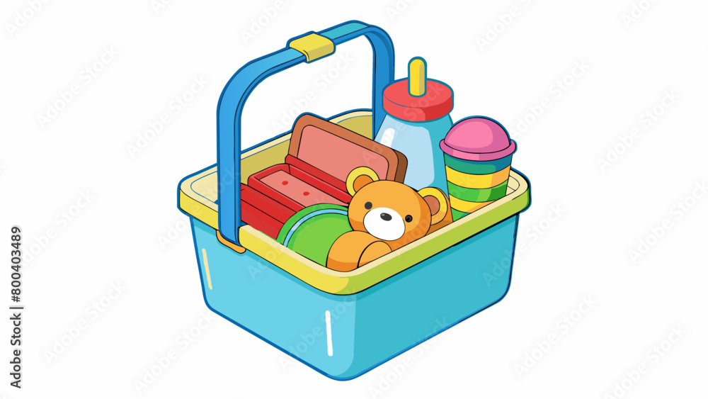 Poster A childrens picnic basket brightly colored with a playful cartoon design. The basket is smaller in size and has a teddy bear attached to the handle.. Cartoon Vector.