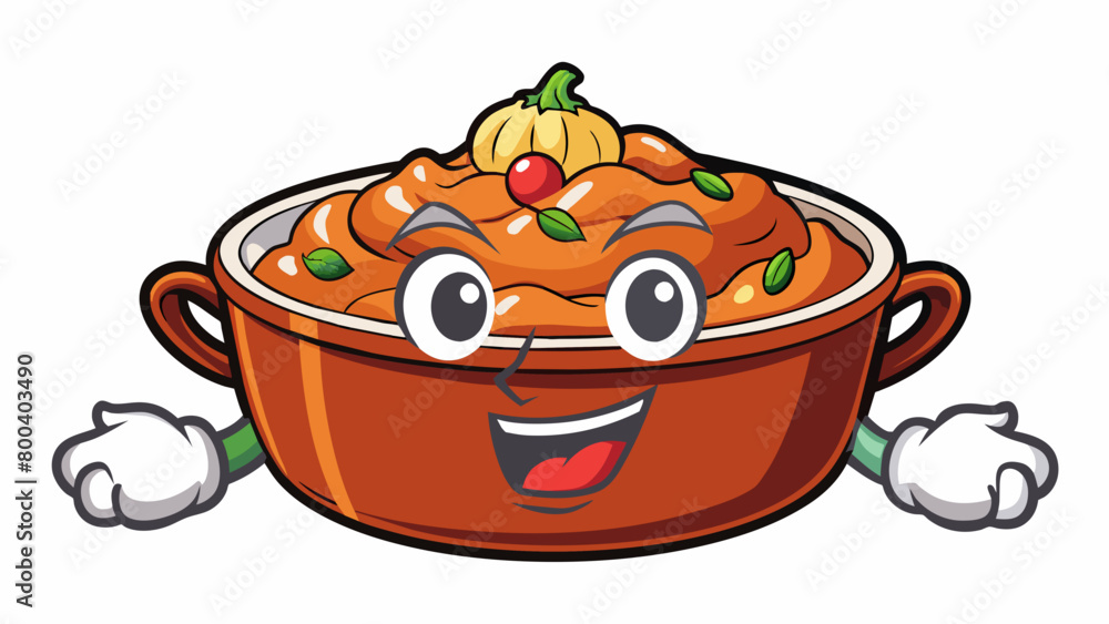 Sticker A chunky hearty sauce with a sweet and tangy taste filled with chunks of saut ed onions garlic and bell peppers creating a robust texture.  on. Cartoon Vector.