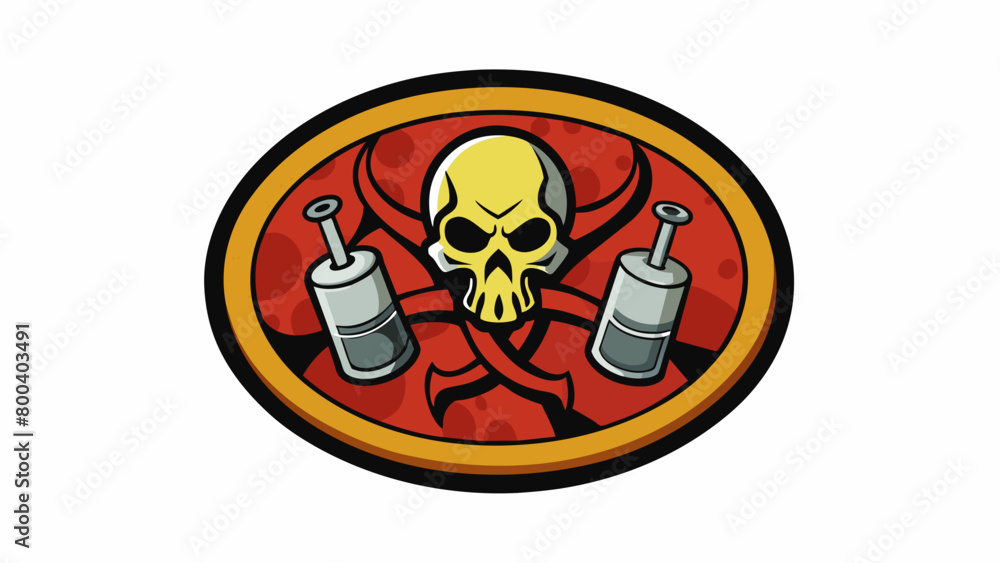 Poster A circular patch featuring a biohazard symbol in white on a black background. The symbol is depicted as a distorted skull with twisted snarling. Cartoon Vector.