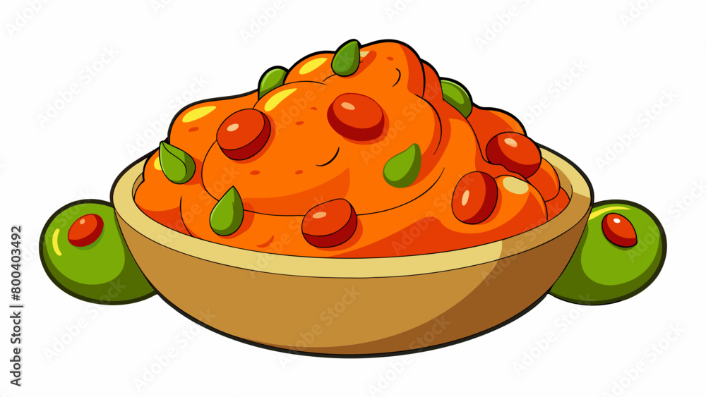 Poster a chunky spread made with a mix of olives roasted red peppers and garlic. it has a bright orange col