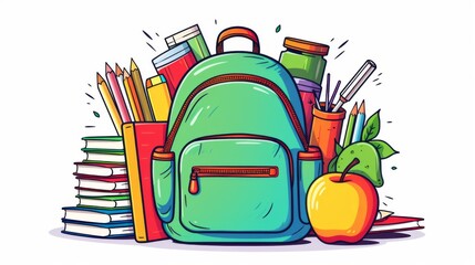A neatly organized depiction of a green backpack, fresh apple, and stacked books, embodying the readiness and order of a student's life