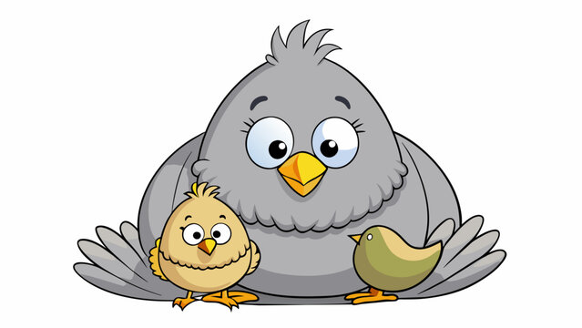 A chubby fuzzy grey chick peeking out from under its parents belly its beak wide open in anticipation of a fishy meal.  on white background . Cartoon Vector.