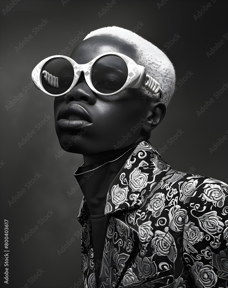 Wall mural portrait of a black model woman with short hair in sunglasses, black and white photography, fashion of the sixties