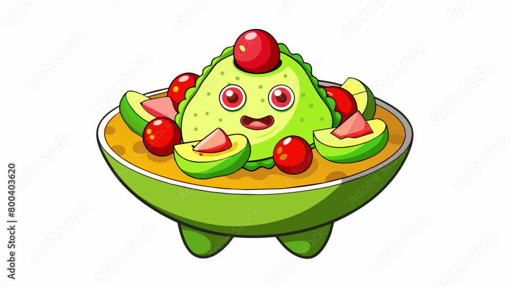 Poster A colorful flavorful party staple made from ripe avocados blended with diced red onion tomatoes and cilantro all seasoned with a squeeze of lime and a. Cartoon Vector.