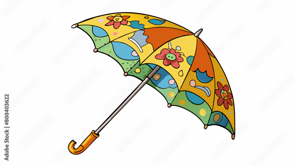 Poster A colorful childsized umbrella with a pointed top and a crank mechanism to open and close it. Its spokes are decorated with e animal shapes making it. Cartoon Vector.